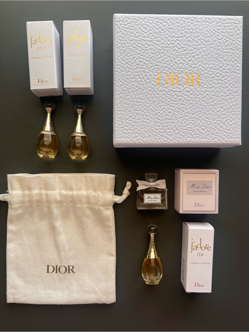 NEW DIOR 3 J'adore And 1 Miss Dior Mini Fragrances with Box and Cosmetic Pouch